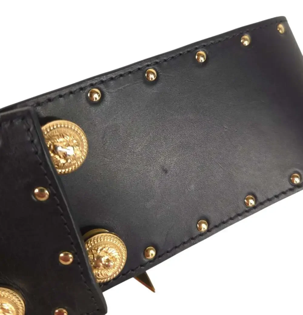 Balmain Statement Logo Lion Head Stud Leather Belt US XS FR 34 Womens Black Gold